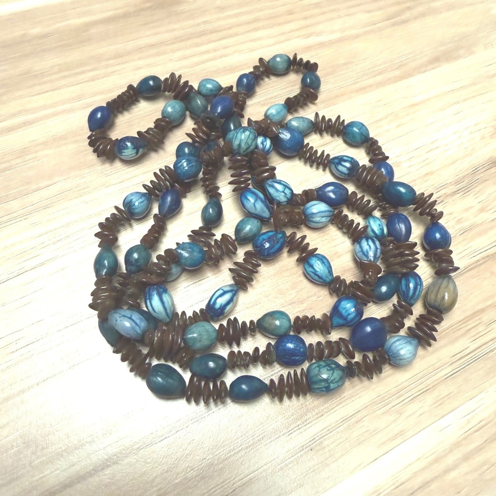 Vintage Blue Marbled Seed Bead Long‎ Strand Boho Tropical Necklace 48 Inch